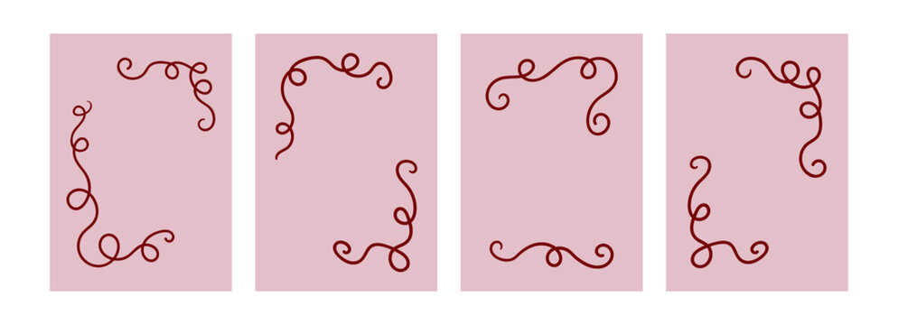 Set of hand drawn whimsical and quirky frames. Vector line illustration of vintage coquette curly borders. Cliparts for romantic and valentines designs