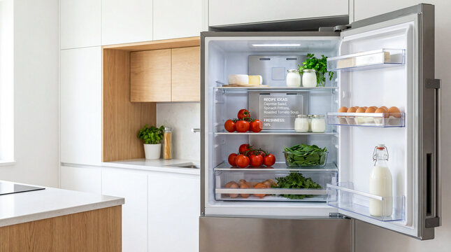 Modern open refrigerator filled with tomatoes, spinach, eggs, cheese and milk, displaying digital recipe ideas and freshness level on the inner panel.