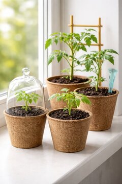 Tomato seedlings in peat pots on windowsill with glass cloche