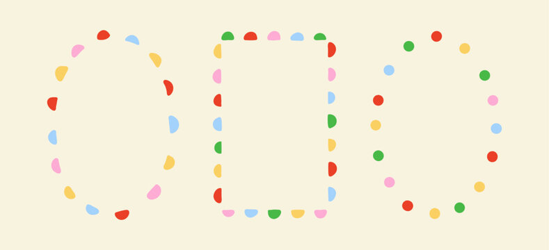 Set of colorful dotted frames. Hand drawn vector illustration. Festival borders for holiday greeting cards or invitation designs