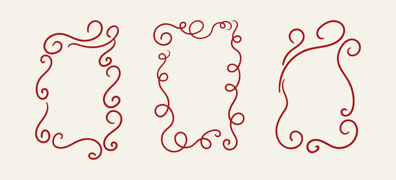 Set of hand drawn whimsical and quirky frames. Vector line illustration of vintage coquette curly borders. Cliparts for romantic and valentines designs