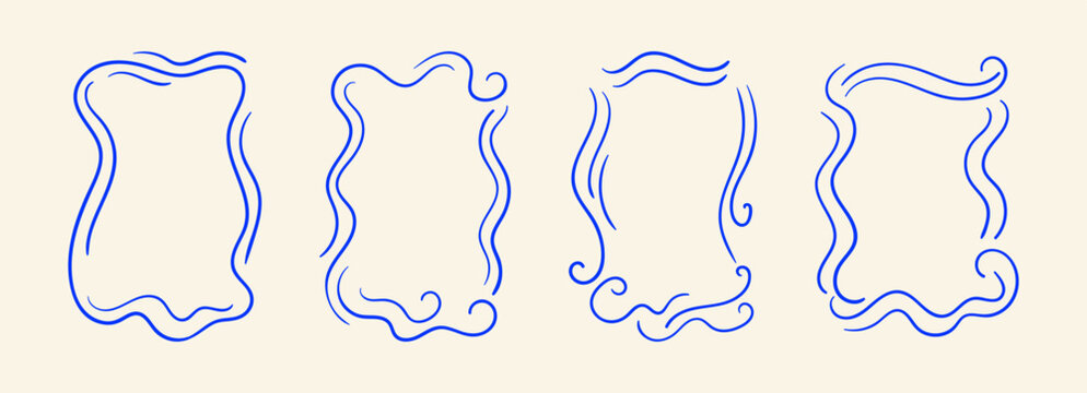 Set of hand drawn decorative frames with wavy lines. Whimsical vintage vector line illustration. Summer quirky ocean waves