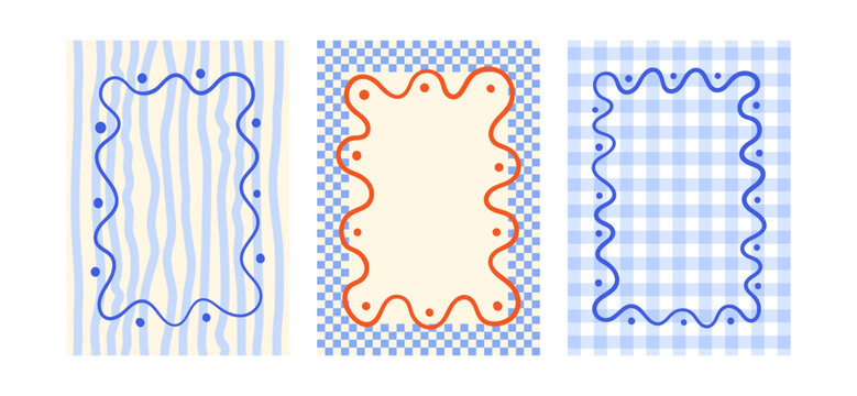 Set of greeting card templates with hand drawn wavy frames on checkered and striped backgrounds. Funky and groovy design template. Vector flat illustration