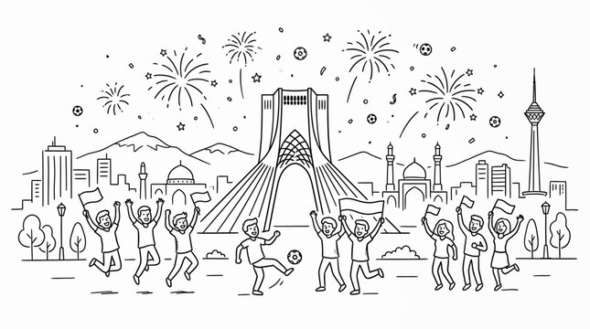 People Celebrating Iran's Victory with Fireworks and Landmarks