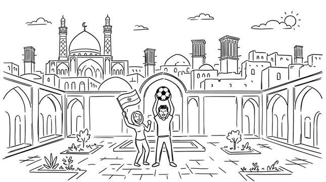 Iranian Soccer Fans Celebrating in Traditional Courtyard