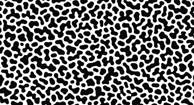 Seamless abstract pattern of black organic shapes on white background reminiscent of animal print or cell structures.