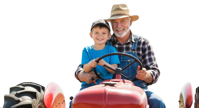 A smiling old man and a young boy sitting on a red tractor together.