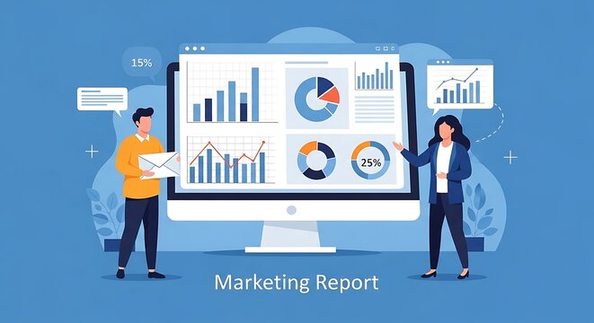 Business professionals analyzing marketing report on large computer screen