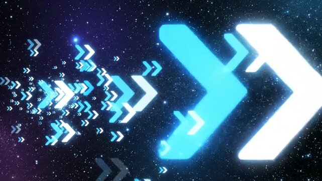 Futuristic abstract digital animation of blue and white glowing arrows floating in a dark starry space background.