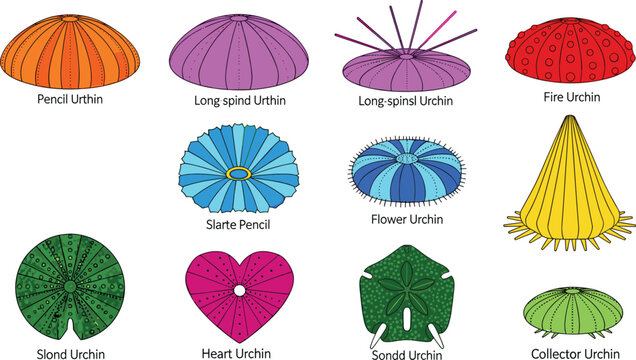 Colorful Sea Urchin Collection with Various Exotic Echinoderm Species Isolated on White