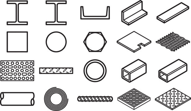 Variety of steel profiles, ideal for industrial design and architectural blueprinting, showcasing a comprehensive collection of shapes and structures.
