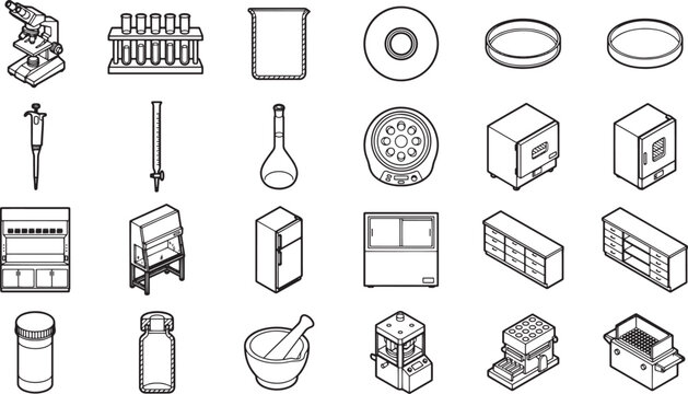 Array of Various Laboratory Equipment, a detailed, black and white illustration of assorted lab apparatus. 