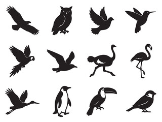 Fototapeta premium Flat Solid Black Silhouette Icon Set of 12 Wild Birds illustration on Pure White Background