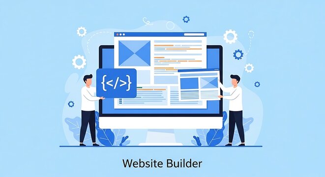 Two men building a website on a large computer screen outdoors