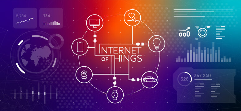 internet of things IoT concept with icons of smart devices connected by lines on purple and orange gradient background featuring data analytics charts digital dashboard global network and futuristic