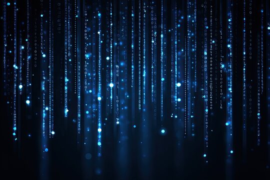 Blue glowing digital particles cascade against a dark background