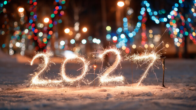Sparklers spelling out the year 2027 in the snow