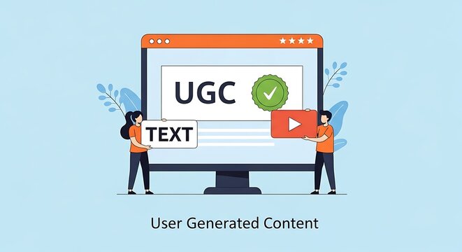Two people interact with a large computer screen displaying UGC content.