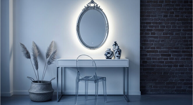 Modern interior design with mirror and plant.