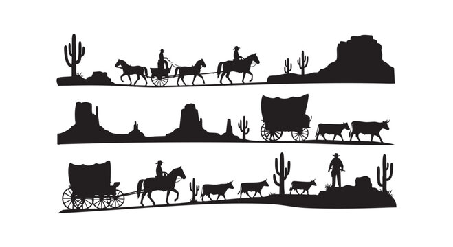 Wild west landscape silhouette set with cowboy riders covered wagon desert scenery cactus and rocky mountains background.