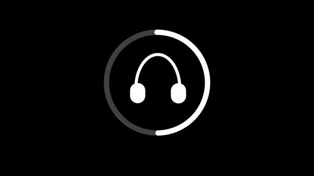 Headphones Icon in Circle, Isolated on Black Background, Music Video UI Element, Modern Audio Symbol, 10 Second Animation, Alpha Channel.