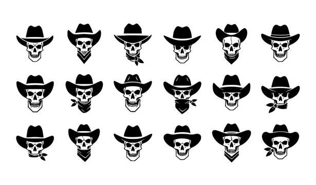 Cowboy skull silhouette icon grid vector set with western gothic themed designs