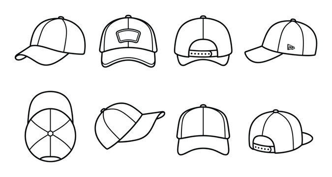 Baseball cap outline icons set headwear line art vector illustration on transparent background web