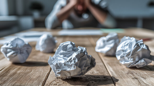 A man is sitting at a table with a pile of crumpled paper in front of him