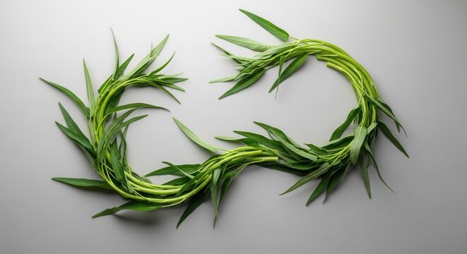 Fresh Water Spinach Twirled Into An Organic Loop On A Neutral Background