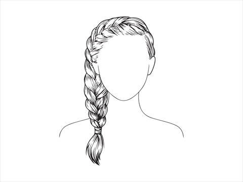 Women hairstyle collection, Braided Hair illustration - elegant hairstyle line art vector illustration, female hair plait outline design