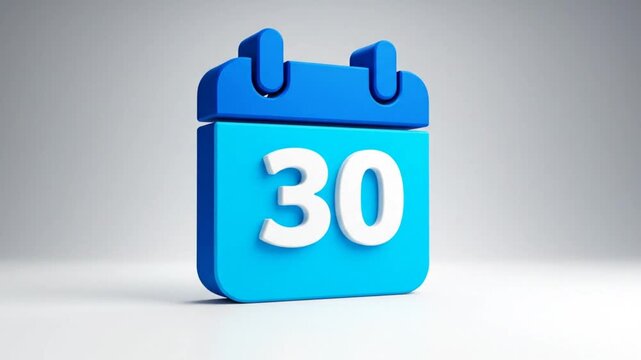 Rotating 3D calendar icon displaying the number 30 in bright blue and white against a light gray background