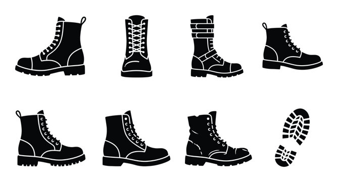 Collection of military style combat boots and work boots black silhouette vector set