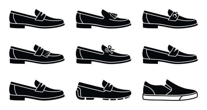 Collection of different men's formal and casual loafer shoes black silhouette vector