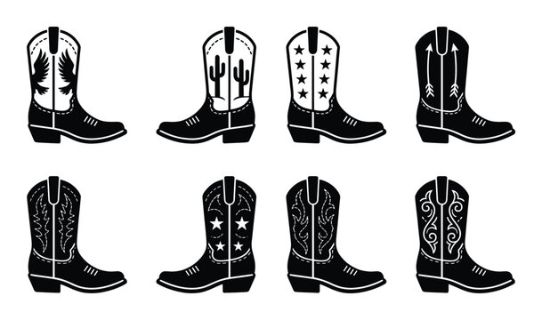 Cowboy boots collection with decorative patterns western style footwear silhouettes isolated on back