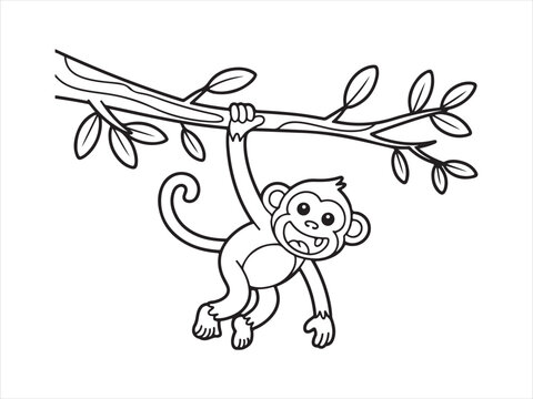 A simple line art drawing of acute monkey hanging from a tree branch with leaves vector illustration, cartoon animal outline design
