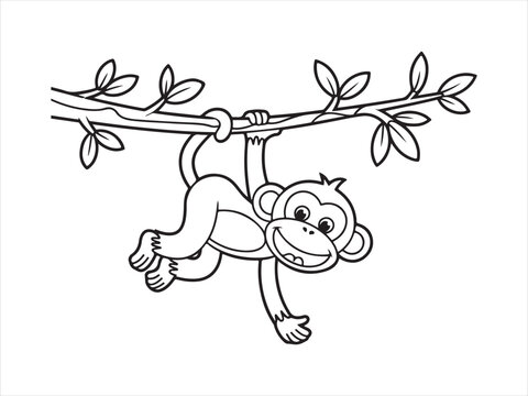 A simple line art drawing of acute monkey hanging from a tree branch with leaves vector illustration, cartoon animal outline design