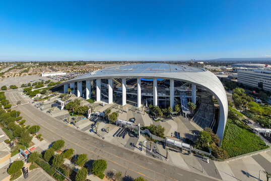 Aerial Drone View of SoFi Stadium and Empty Parking Lot in Inglewood, California