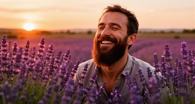 A bearded man smiles joyfully amidst tall lavender plants at sunset, embodying a moment of peace and fulfillment in nature&rsquo;s embrace.
