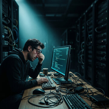 Cinematic wide angle shot of an exhausted male software developer rubbing his eyes in front of a computer monitor in a dark server room with tangled cables on the desk