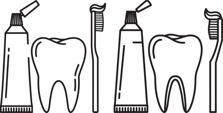 Toothbrush and toothpaste with teeth icons dental hygiene toothbrush toothpaste illustration treatment collection personal prevention cleaning background minimalist