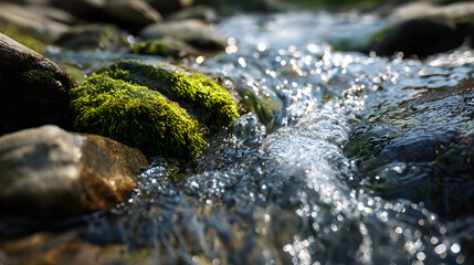 Fototapeta premium Crystal Clear Water Flowing Rapidly Over Smooth Rocks in Natural Environment Setting