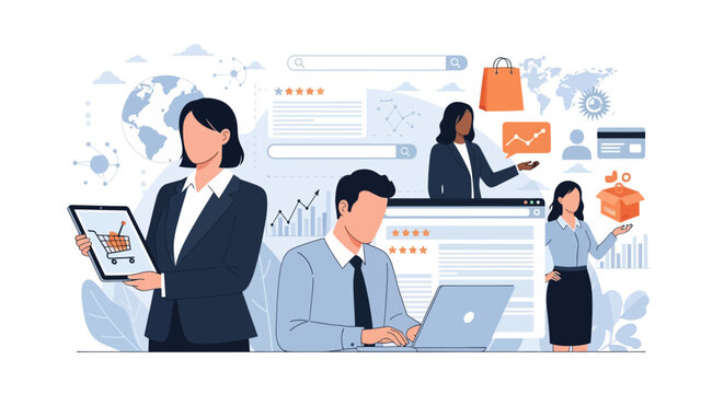 Business professionals, office workers, corporate team, digital devices, data analysis, vector icons