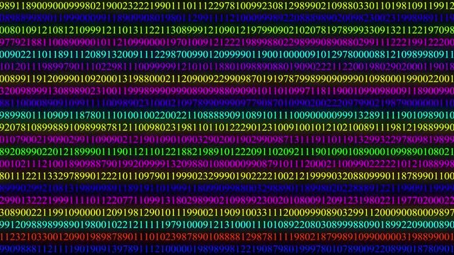 4K digital binary code scrolling on black background with glowing colorful numbers, seamless loop.