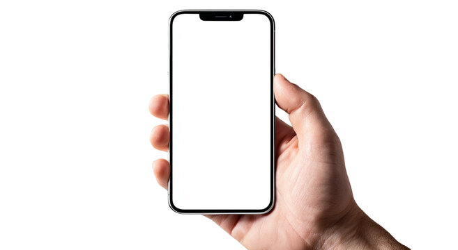 Close-up of a hand holding a modern smartphone with a blank white screen, isolated
