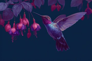 Naklejka premium A hummingbird sips nectar from vibrant purple fuchsia blossoms