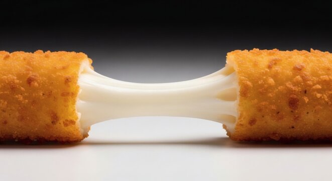 Stretching Mozzarella Cheese Stick, Golden Fried, Close-up, Stringy Cheese Pull, Appetizer Food Photography