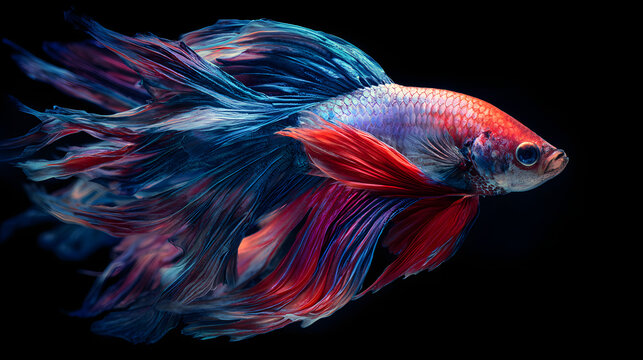 Stunning Red and Blue Siamese Fighting Fish Captured in Motion Under Dramatic Lighting