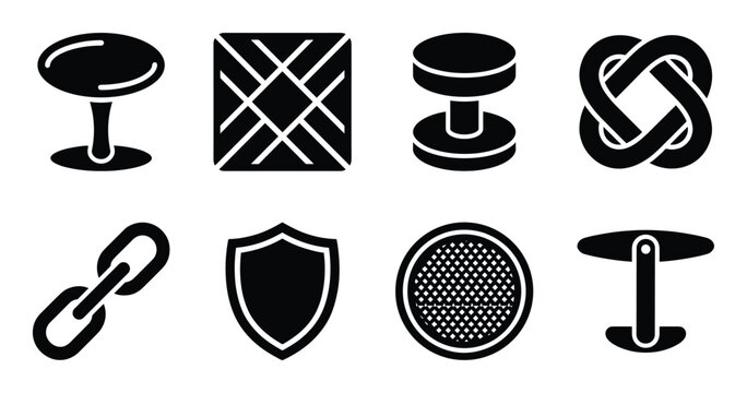 Set of eight black cufflink and chain icons with various shapes and designs on transparent background