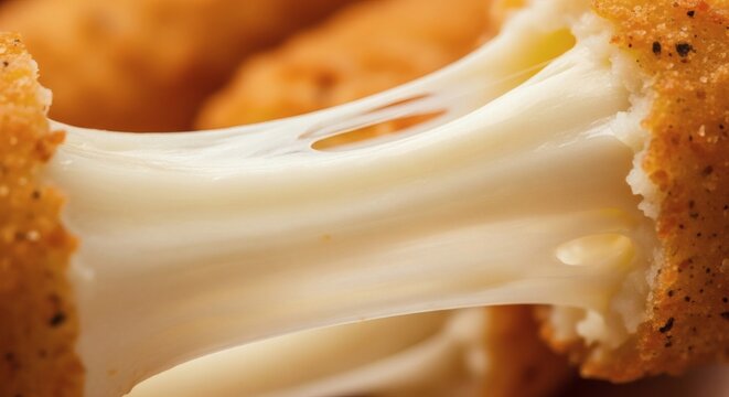 Close-up of gooey melted mozzarella cheese stretching from a crispy fried cheese stick, macro food photography