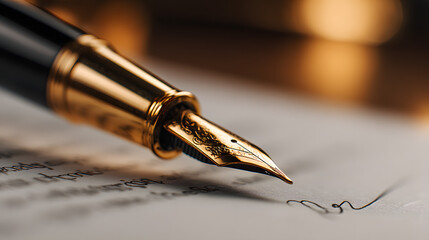 Fototapeta premium Close-up of a luxurious gold fountain pen writing an elegant signature on a classic parchment paper